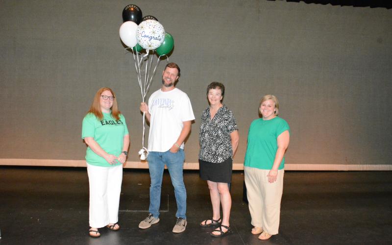 Teachers of the Year from each Franklin County School were honored Monday during the system’s Convocation at FCHS. Teachers of the Year honored were (from left) Tiffany Williams of Carnesville Elementary School, System-wide Teacher of the Year Tyler Matthews of Lavonia Elementary School, Elizabeth Faucher of Franklin County Middle School and Taylor Brown of Franklin County High School. Not pictured is Amanda Broome of South Franklin Elementary School. (Photos by Charlie Eavenson)