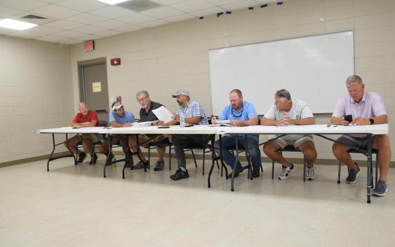 The Franklin County Recreation Commission (from left) Recreation Department Director Randall Gailey, Wesley Varner, Allen Bryant, Chairman Andy Myers, Franklin County Commissioner Josh Smith, Greg Cary and Eric Burrell met Monday.