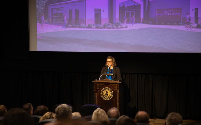 Franklin County native Dr. Linda Purvis is excited about the new poultry science education center being built at UNG’s Gainesville Campus where she is an associate professor of biology and poultry science.  She has been a major proponent of the school having a designated facility to provide hands-on training with equipment students will be using in the industry. Purvis said she still enjoys teaching and having direct contact with the students. (Photo courtesy of Dr. Linda Purvis)