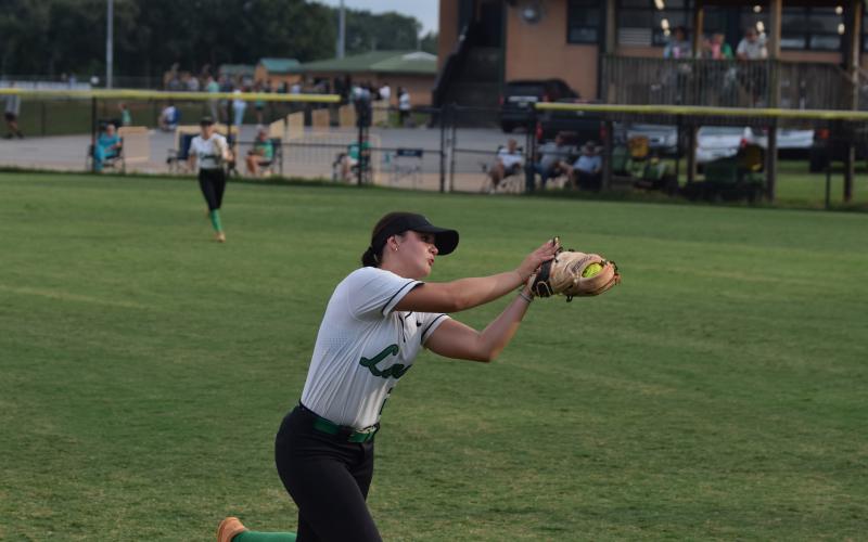 Belle Burgess makes a running catch over her shoulder in a game against Morgan County last week in Carnesville. (Photo by Shane Scoggins)