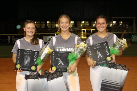 Senior softball players (from left) Kaleigh Fowler, Jaden Cheek and Kalyn Jinks were honored Sept. 18 following Franklin County’s 4-1 win over East Hall. (Photo courtesy of Candace Oliver)