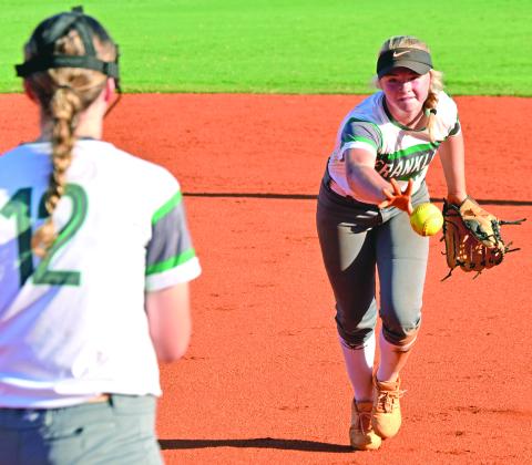 Ginger Mitchell flips a ball to Lauren Hambrick for an out at first base during the Franklin County Lady Lions’ 13-5 win over Monroe Area Thursday in Carnesville. (Photo by Scoggins)