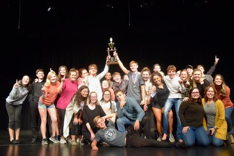 The cast and crew of "Godspell Jr." celebrate after winning the Region 8AAA championship Monday at the Telford Center for the Fine and Performing Arts at FCHS. (Photos by Seth Manus)