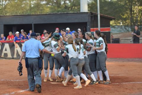 The Franklin County Lady Lions, pictured celebrating a Jaden Cheek home run during the region championship game, will host Coahulla Creek Wednesday for a doubleheader in the first round of the state tournament.