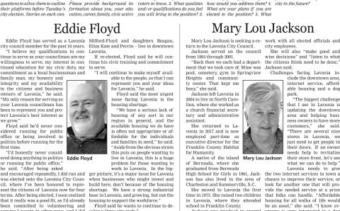 Incumbent Eddie Floyd and former council member Mary Lou Jackson are running for the Post 3 seat on the Lavonia City Council.