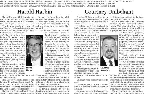 Harold Harbin and Courtney Umbehant are running for Lavonia mayor.