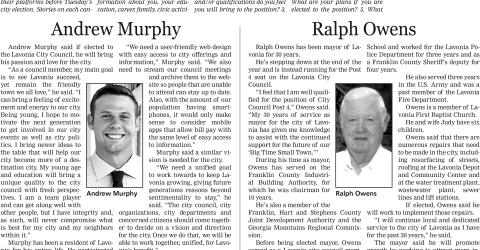 Newcomer Andrew Murphy and current mayor Ralph Owens are seeking the Post 4 seat on the Lavonia City Council.