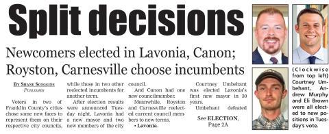Voters in two of Franklin County’s cities chose some new faces to represent them on their respective city councils, while those in two other reelected incumbents for another term.