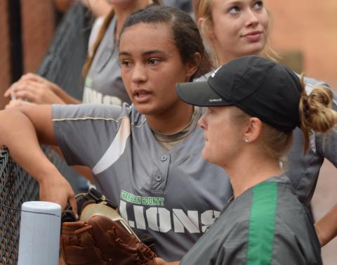 Sophomore Jayden Gailey talks with Franklin County Lady Lion assistant softball coach Cherokee Bell. Gailey has been named Class AAA State Player of the Year for the second year in a row.