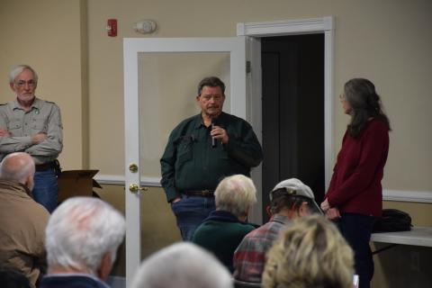 State Rep. Alan Powell speaks to a group of citizens concerned over a pair of Georgia Renewable Power plants during a public meeting Sunday in Carnesville. (Photo by Scoggins)