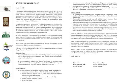 The Franklin County Board of Commissioners and the cities of Royston, Lavonia, Canon, Carnesville and Franklin Springs issued their second joint press release of the week Thursday to urge citizens to comply with state mandates to stop the spread of the coronavirus.