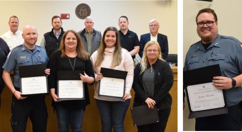 The Franklin County Board of Commissioners honored six emergency workers Monday with Lifesaver Awards. Pictured are (left photo, front, from left) honorees Brandon Gibson, Tara Buffington, Brittany Cannon, Jenny King, (back) commissioners Eddie Wester, Ryan Swails, Thomas Bridges, Jason Macomson and Robert Franklin. Also honored was Joshua Brinker (right in right photo). Not pictured is honoree Randall Whitlock. (Photos by Scoggins)