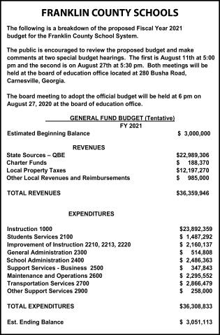 The Franklin County School System will hold a budget hearing Aug. 27 at 5:30 p.m. before meeting to adopt its budget at 6 p.m.