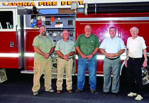 Former Lavonia Fire Chiefs gathered Tuesday to honor the retiring Scott O'Barr. Pictured are (from left) O’Barr, Bob White, Jones Beasley, Mike O’Barr and Tommy Cole. (Photo by Scoggins)