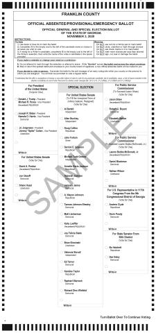 The Franklin County Elections and Registration Office released the sample ballot for the Nov. 3 general election.