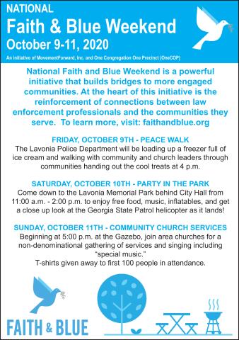 Lavonia will host Faith and Blue Weekend Friday through Sunday. The Lavonia Police Department, Franklin County Sheriff’s Office, Lavonia Lions Club, Georgia State Patrol and Georgia Motor Carriers Compliance Division are sponsoring the local event.