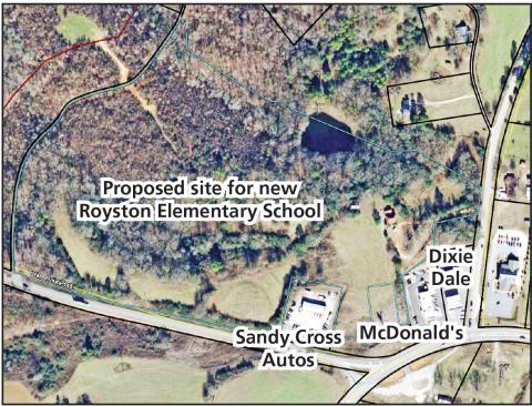 Three members of the Franklin County Board of Education spoke in favor Tuesday to ask School Superintendent Chris Forrer to pursue an option on property in Franklin Springs (outlined in blue) as the location for a new Royston Elementary School.