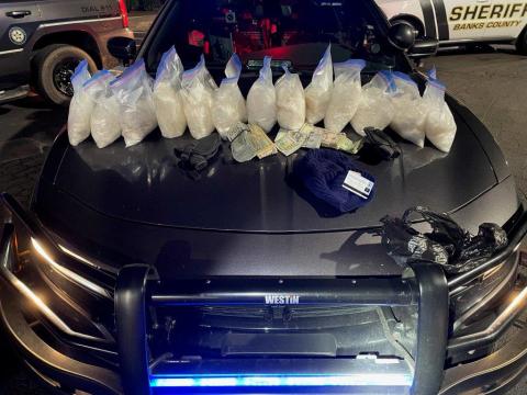 Twenty-eight pounds of methamphetamine with a street value of $200,000 was found during a traffic stop Monday.