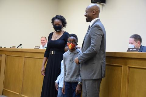 Derrick Turner (right) was introduced Tuesday as the new Franklin County manager. Turner and his family, wife Tamara and sons Andrew and Sean were welcomed by county staff members and county and city elected officials.