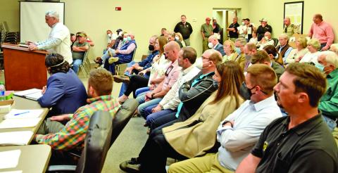 Opponents of a proposed Pilgrim’s Pride plant near Carnesville packed the Franklin County Justice Center Thursday to speak at a Planning Commission meeting. Members of the IBA (front row) also attended. (Photos by Scoggins)