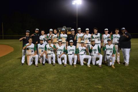 The Franklin County Lions celebrated their Region 8AAA baseball championship Friday night at FCHS after sweeping East Jackson in a doubleheader. Team members are (front, from left) Kayne Jinks, Ryder Emmons, Dee Oliver, Bryson Halbrook, Payton Crump, Will Cary, Duncan Beasley, Rylan Tamplin, (back) Coach Elliott Beard, Coach Ryan Phillips, J.D. Ginn, Garrett Garner, Lawson Gailey, C.J. Blackwell, Head Coach David Skelly, Chandler Coulter, Evan Herring, Landon Bruce, Miles Dodd, A.J. Peeples and Coach Demond