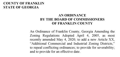 A new version of the Franklin County zoning law that pertains to businesses and industries will be considered by commissioners on July 12.
