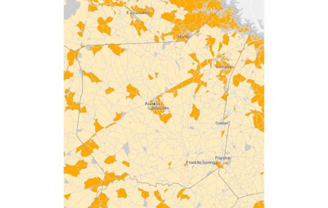 A state map published last year shows areas of Franklin County with (orange) and without (yellow) broadband internet access.