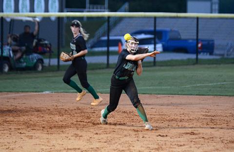 Journey Roberts makes a throw to first base during Franklin County’s home game with Habersham Central Monday in Carnesville. (Photo by Scoggins)