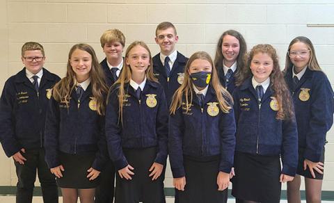 The 2020-2021 FCMS FFA Officer Team had to be quite creative during the last school year to remain active and relevant for members when travel was limited and safety was top priority, but these FFA officers found success and have been named a 2021 Middle School Model of Excellence program at the national level. LtoR Mason Ruark, Kami Jackson, Ben Roper, Scarlett Killen, Jake Parham, Rylie Sanders, Hallie Ferguson, Darby Roach and Bella Moon. 