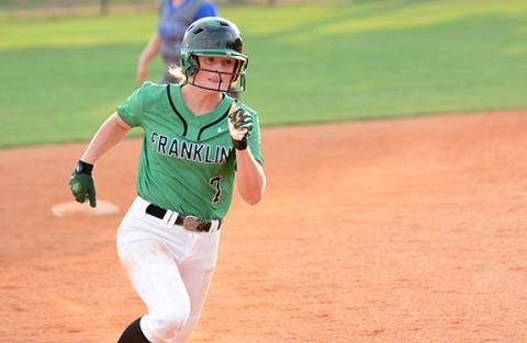 Journey Roberts heads to third during action Tuesday against Banks County at Franklin County High School. Roberts, a junior, is the only non-senior in the starting lineup for the Lady Lions. (Photo by Scoggins)