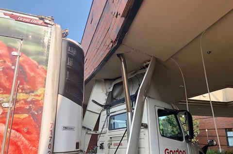 A food delivery truck took a wrong turn Friday morning, and got stuck in the entryway at Franklin County Middle School. (Photos courtesy of Franklin County School System)