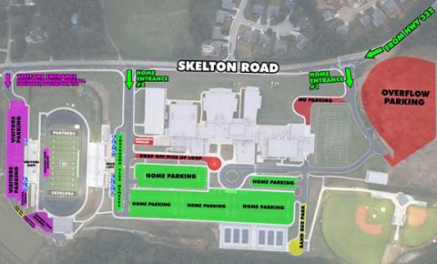 Visitors’ parking at the new Jackson County Comprehensive High School campus will be on the side of the stadium opposite the school. The campus is off of Skelton Road in Hoschton. (Map provided by Jackson County Athletics)
