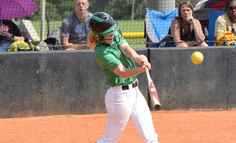 Lady Lion Sarah York makes contact for a double during Saturday’s game in Carnesville against East Hall. (Photo by Scoggins)
