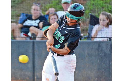 Jayden Gailey smacks one of her two doubles against Stephens County Thursday in Carnesville. (Photo by Scoggins)