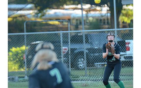 Emily Carson awaits a throw from Journey Roberts for an out against Hart County Thursday in Hartwell. (Photo by Scoggins)