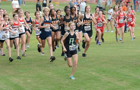 Megan Hightower led the pack in the NEGIAA region cross country championship from the start on her way to a first-place finish Thursday in Hartwell. (Photo by Scoggins)