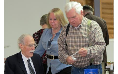 Paul Crawford (right) is pictured with Gen. Eugene Phillips (left) at a dinner in Phillips’ honor before the general moved away from Royston for the last time.