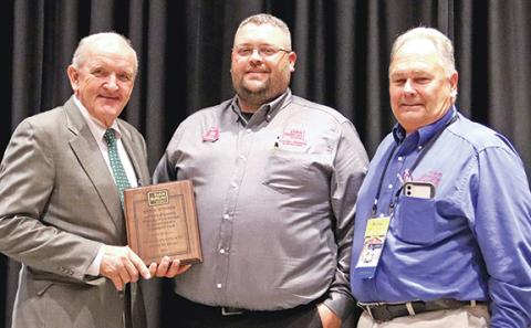 Georgia Farm Bureau President Tom McCall (left) presents the group’s 2021 Outstanding Young Farmers & Ranchers Committee Award to Franklin County Farm Bureau Young Farmers Committee Chairman Colt Hart (center) and President Michael Thomason. (photo courtesy of Georgia Farm Bureau)