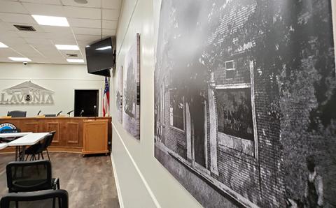 Images of Lavonia’s past fill the walls of the city’s meeting room as the last step of planned renovations to the room. (Photo by Sinclair)