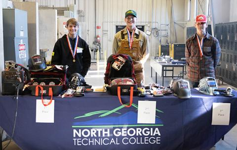 SkillsUSA Region Winners are (from left) First place winner Brant Roberts from Franklin County High School, second place winner Jay Grice from White County High School and third place winner Garrett Pless from Stephens County High School. 