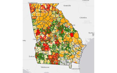 The preliminary State Fiscal Recovery Fund awards are shown in red. Rural Digital Opportunity Fund award areas are shown in green. These two programs have been overlayed on Georgia’s Broadband Availability Map which depicts served census blocks in gold, unserved census blocks in light yellow, and areas with no locations in gray. (Source: Office of Gov. Brian Kemp) 