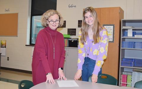 Kim Cary works with Abby Strickland as her early childhood education teacher and FCCLA advisor. Strickland was named the STAR Student, and she selected Cary as the STAR Teacher. (Photo by Sinclair)