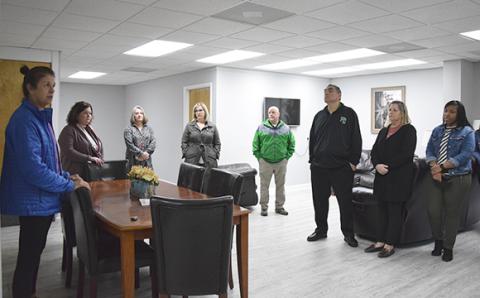 Franklin County School System leaders listen as Jean Davison shares information about Connection for Special Parents. (Photo by Sinclair)