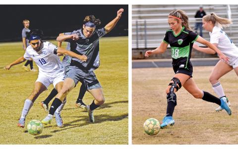 The Franklin County Lion and Lady Lion soccer teams led by Max Bridges (left) and Claire Halder (right) will host Stephens County Tuesday in key games in the race for the playoffs in Region 8AAA. (Photos by Scoggins)