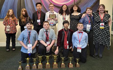 FCMS TSA members winning at state conference were (front, from left) Lisandro Escanuela, Noah Roberson, Johnny Nguyen, Allen Tollison, (back) Grace Poole, Autumn Mealor, Daniel Tran, Taylor Haley, Ella  Maisonneuve, Emma  Maisonneuve, Rob Tate and Advisor Heather Elo.