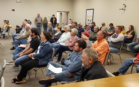 About 50 people filled the Franklin County Commissioners’ meeting Monday at the Justice Center to listen to the board debate and watch it vote to impose a 90-day moratorium on subdivisions. (Photo by Scoggins)