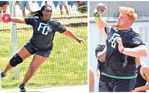 Saniya Heard (left) and Keylan Rutledge (right) won Region 8AAA championships Monday in the girls’ discus and boys’ shot put, respectively. (Photos by Scoggins)