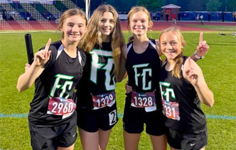The girls’ 4x400 relay team (right photo, from left)  Mia Patterson, Savannah Jackson, Megan Hightower and Willow Morgan set the school record at the state championships.