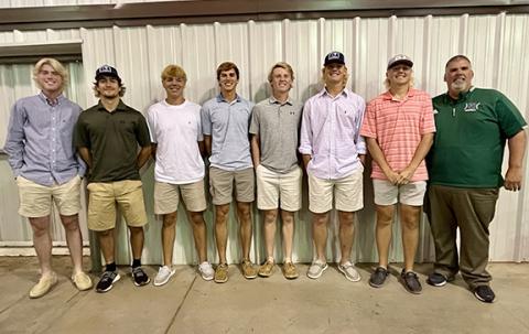 All-Region 8AAA honors went to Franklin County baseball Lions (from left) Chandler Coulter, Dee Oliver, A.J. Peeples, Ty Peeples, Miles Dodd, Kayne Jinks and Lawson Gailey. They are pictured with Coach David Skelly. (Photo courtesy of Christy Dodd)