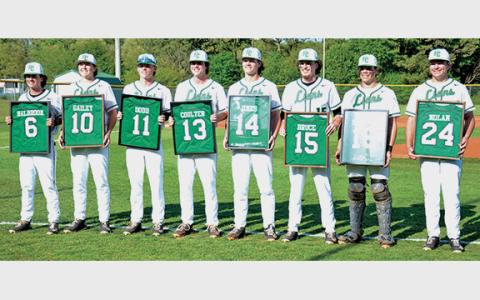 Franklin County baseball seniors (from left) Bryson Halbrook, Lawson Gailey, Miles Dodd, Chandler Coulter, Kayne Jinks, Landon Bruce, A.J. Peeples and Connor Nolan led the Lions to a 27-8 season, a Region 8AAA championship and a spot in the state quarterfinals this season.